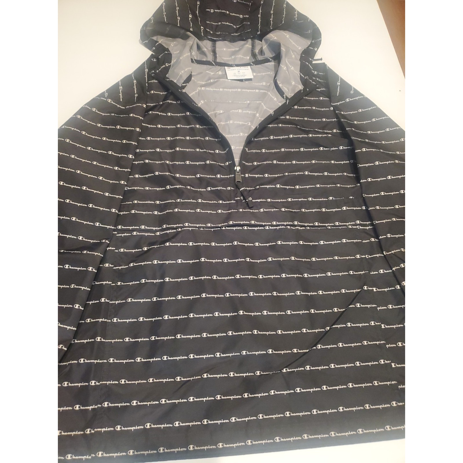 Champion Windbreaker Hoodie Jacket Mens Medium All Over Print Script Logo Black